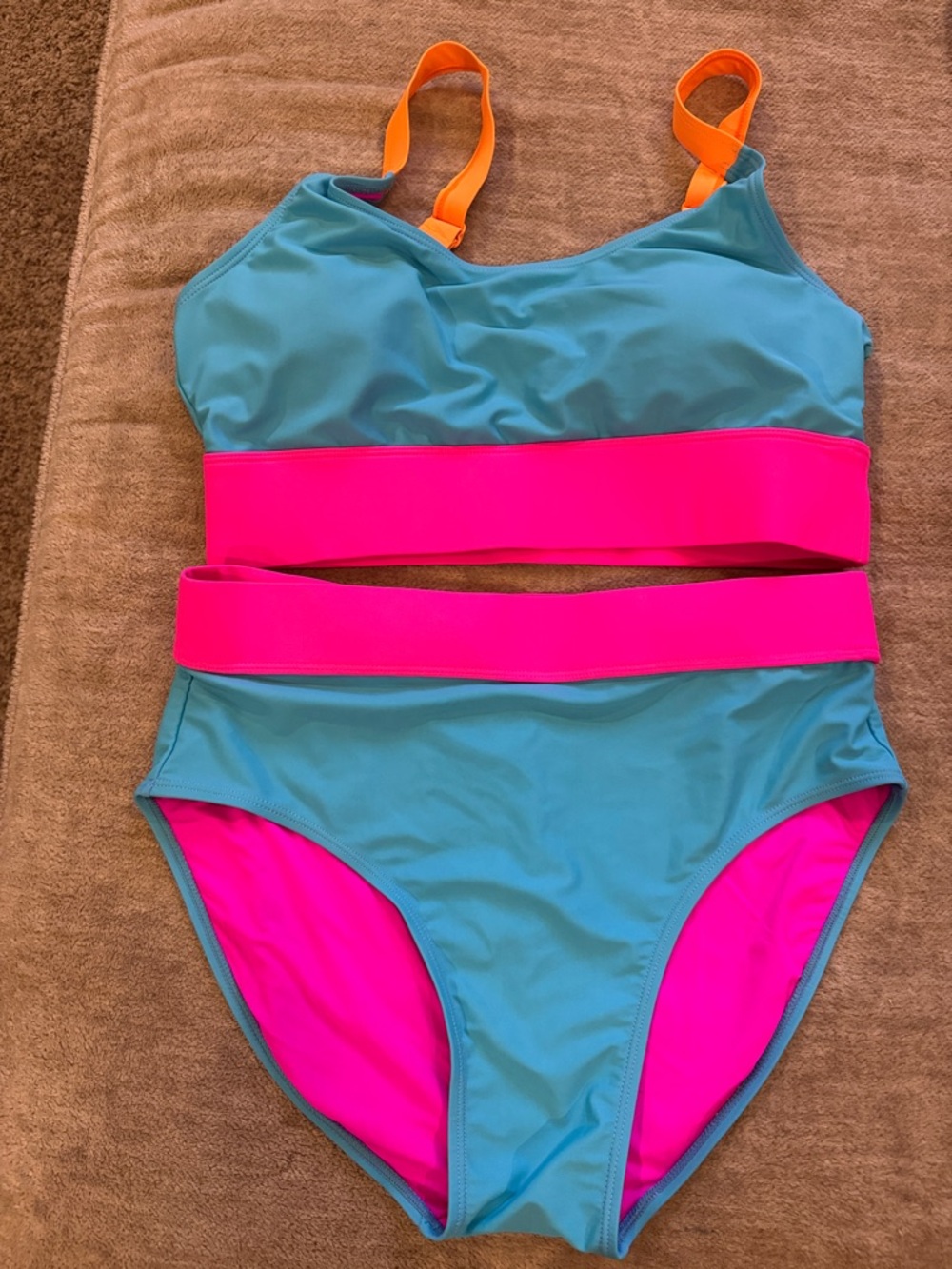 Aqua & Hot Pink High-Waist Bikini Set with Orange Straps